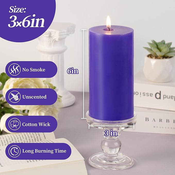 KONNI Violet Pillar Candles Set of 3, 3"x 6" Unscented Pillar Candles Bulk, 56 Hours Long Burning Candles, Smokeless and Dripless Large Round Candle for Wedding, Home Decoration, Parties, Spas, Dinner