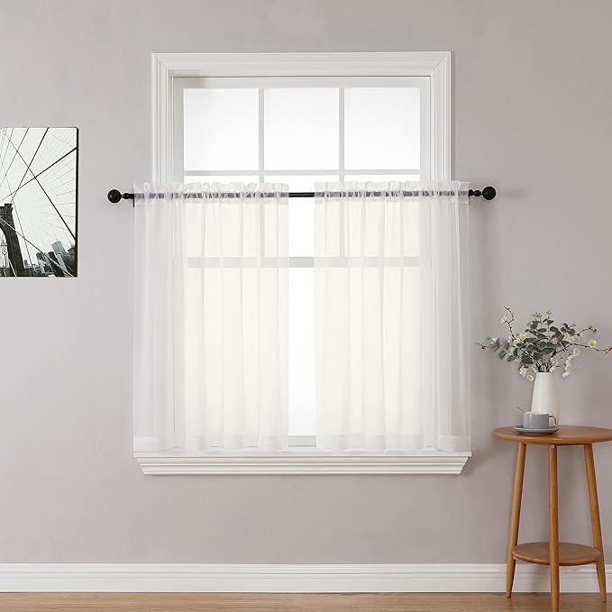 Chyhomenyc Ivory Sheer Curtains Tier 36 inch Length 2 Panels, Light Filtering Airy Rod Pocket Short Curtains Window Treatment for Small Windows/Bathroom/Cafe/Living Room/Farmhouse, 42x36 Inch