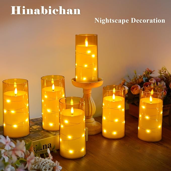 Amber Flickering Flameless Candles with Remote Timer, 6 pcs LED Battery Operated Candles with String Lights, Same Size D3 H6