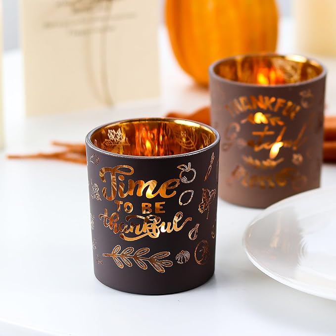 SHMILMH Glass Votive Candle Holders 4PCS Thanksgiving Tealight Candle Holders for Fall Table Centerpiece, Thanksgiving Decorations Indoor or Outdoor D閏or