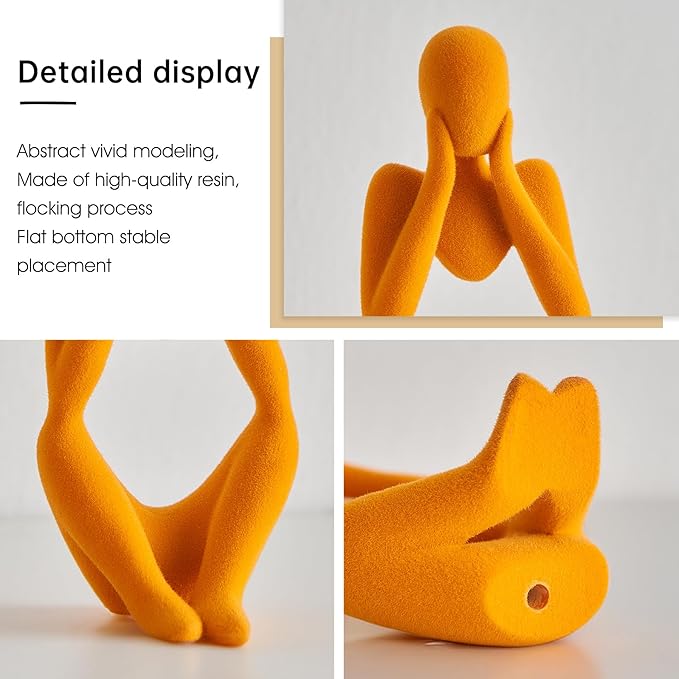 FJS Thinker Statue Shelf Decor - Velvet Collectible Figurines Living Room Decor, Modern Sculptures Home Decorations for Bookshelf Coffee Table Office (Orange Velvet)