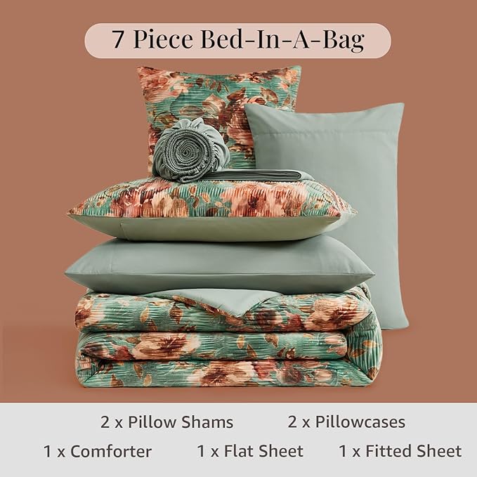 CASAAGUSTO Full Comforter Set, 7 PCS Sage & Red Floral Comforter Set with Flowers Leaves Pattern, Soft Velvet Design for Winter Full Size Bedding Set(80"X90")