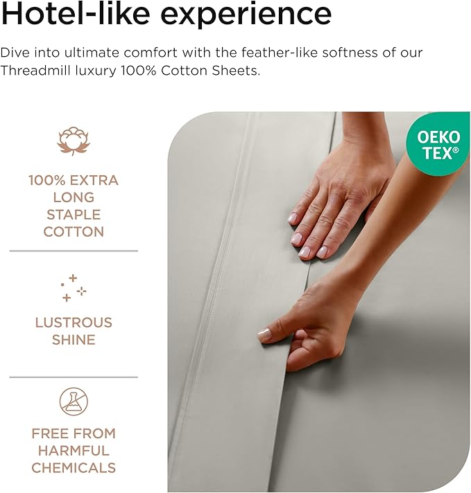 Threadmill Luxury 800 Thread Count California King 100% Cotton Sheets - Moonrock Grey Sateen Weave Bed-Sheets, Better Than Egyptian Cotton, 4 Pc Solid Bed Set, Fits 16" Deep Pocket