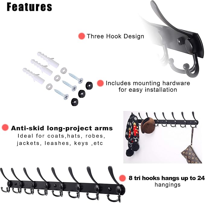 Dseap Coat Rack Wall Mount - 29.5” Long 8-Tri-Hooks Heavy Duty Coat Hanger Rail Wall Hooks for Hanging Coats Hats Clothing Clothes Purse Mudroom Entryway, Black