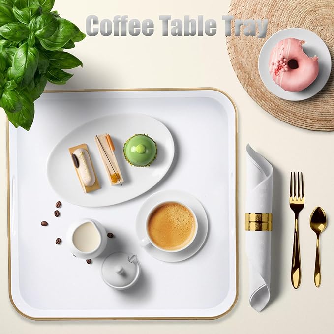 White Square Decorative Tray with Handles, 13"*13" Versatile Serving Tray for Coffee Table, Ottoman, Ideal for Serving, Displaying, Organizing