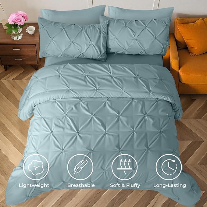 Sasttie Full Size Comforter Set, 7-Piece Bed in a Bag, Pintuck Bedding Sets for All Season, Includes Comforter, Flat Sheet, Fitted Sheet, Pillowcases and Pillowshams, Greylish Blue