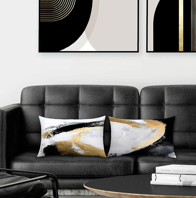 Abstract Black White and Gold Pillow Covers 16x24 Set of 2 - Modern Pillow Covers, Modern Home Decor, Black and Gold Decorative Pillows Cover for Couch Living Room Bedroom