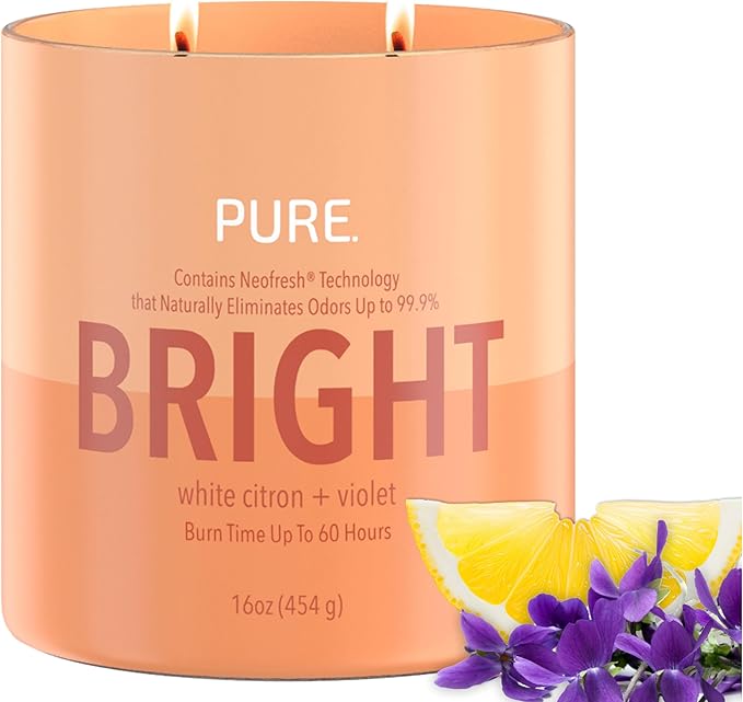 Candle-Lite Pure White Citron & Violet Odor Eliminating Scented Candles, Neofresh Technology Eliminates 99.9% of Odors, 16 oz 2-Wick Jar, Proudly Poured in The USA, Up to 60 Hours Burn Time
