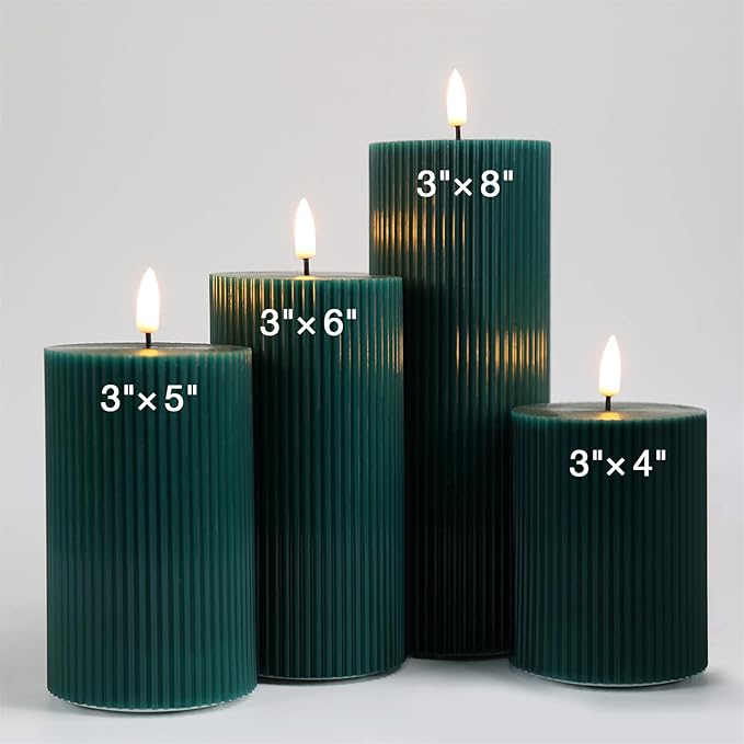 Teal Ribbed Flameless Pillar Candles with Remote, Flat Top Flickering LED Wax Battery Candles Set of 4, Φ 3" H 4" 5" 6" 8"