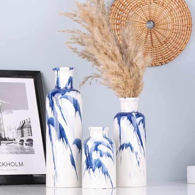 Blue Ceramic Vase Set - 3 Decorative Navy Blue and White Vase for Centerpieces, Farmhouse and Home Decor - Ideal for Living Room, Kitchen, Bedroom, Dining Table and Office Decor