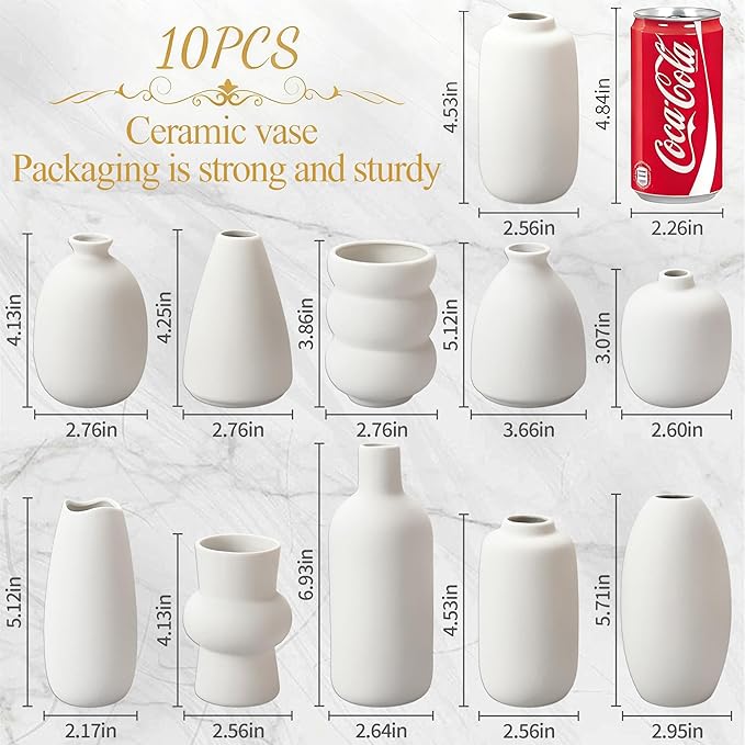 White Ceramic Vase Set of 10, Small Ceramic Flower Vases Bulk Bud Vases for Wedding Table Centerpieces Decor Pampas Grass Modern Boho Home Party Decor DIY Gift