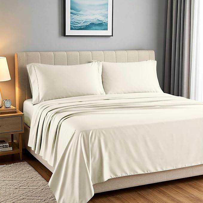 Carressa Linen 100% Egyptian Cotton Sheets Queen Size Bed Set - Luxury 1500 High Thread Count Egyptian Cotton Queen Sheet Set (4 PC, Ivory), 17" Deep Pocket, Silky Soft, Cooling, Sateen Weave Bedding