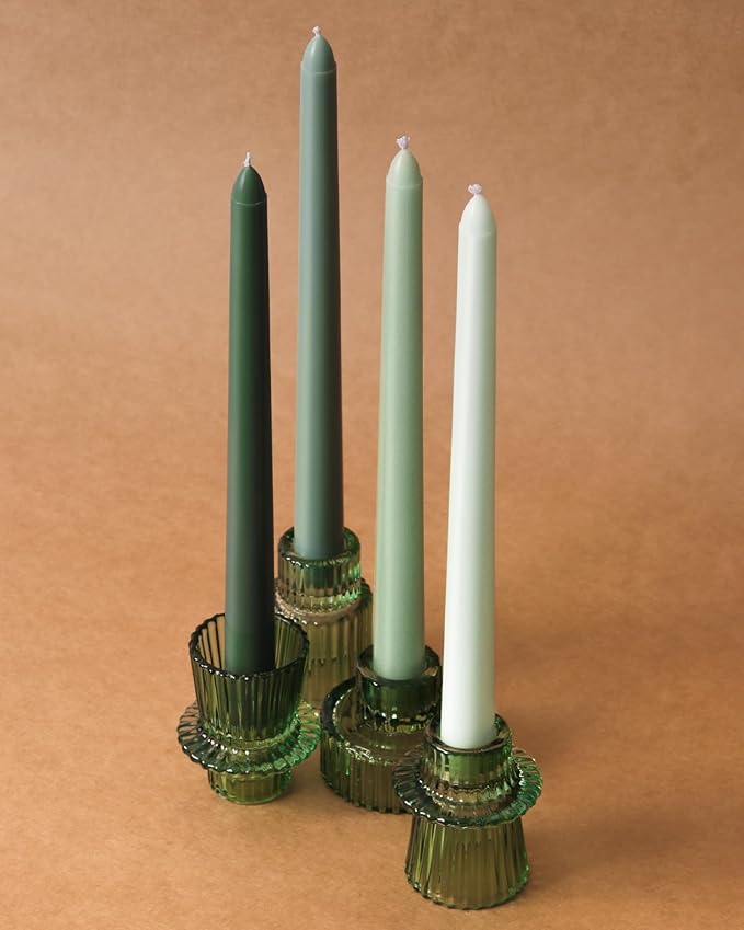 10-Inch Tall Dripless Taper Candles Set of 12 - Tapered Candlesticks - Smokeless, Unscented, Long Burning - Hand Poured, Colored for Home Decor Wedding, Dinner - Green