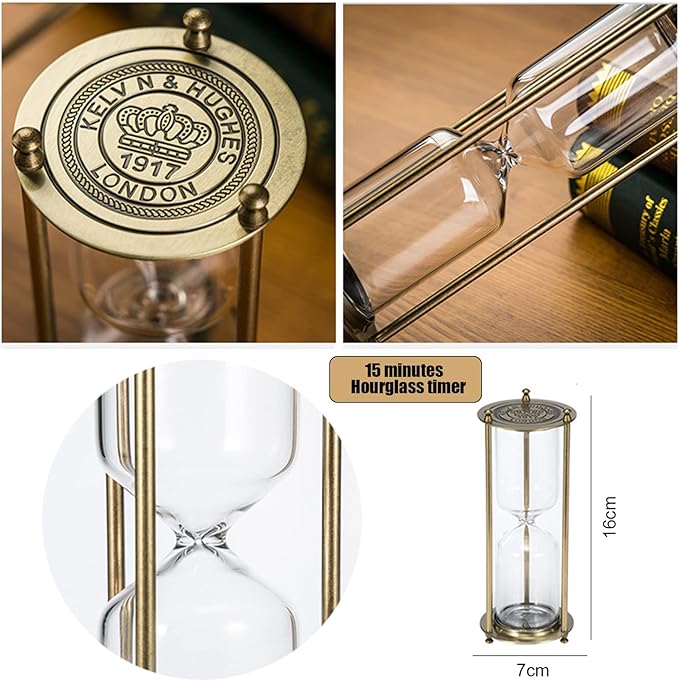 Embossed Golden Hourglass Timer - 15 Min, Desk Decor for Vintage & Office, Wedding Gifts (B)