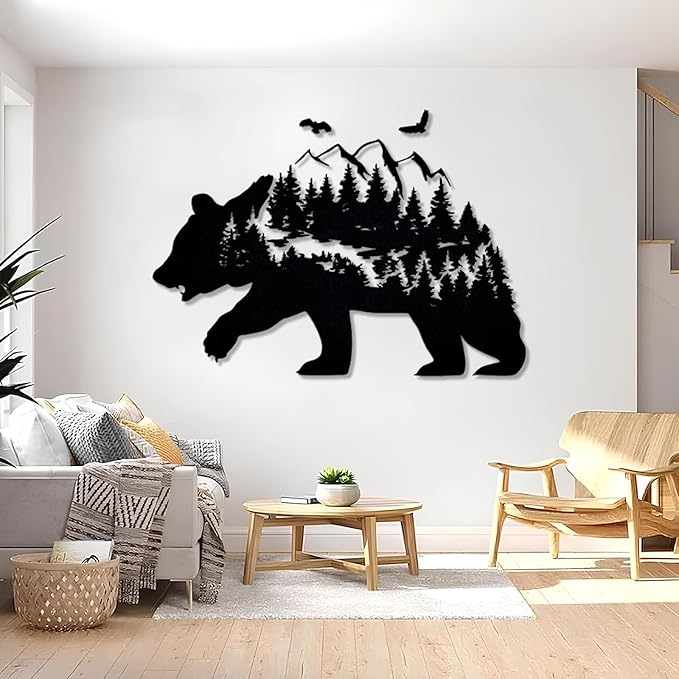 Metal Bear Wall Decor, Mountain And Forest Metal Wall Art, Nature Landscape Decor, Bear Wall Art, Metal Mountain Range, Scandinavian Decor, Large Metal Art Wall Decor, Housewarming Gift (26"x41"|67x105cm, Silver)