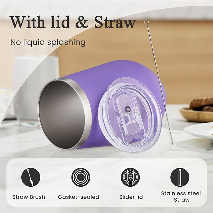 MEWAY 12oz Stainless Steel Wine Tumbler with Lid - Double Wall Vacuum Insulated Swig cups for Hot and Cold Drinks, Ideal for Coffee, Wine, Beer, gifts for Women under 10 dollars(Purple,Set of 8)