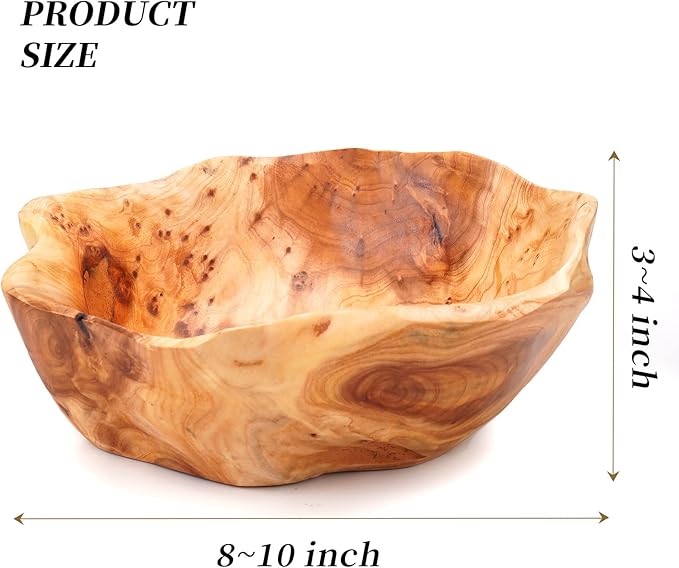 Wooden Bowl for Decor, Natural Shape Solid Wood Carved Fruit Bowl, Decorative Wooden Bowl for Table Centerpiece Office Home Decor, Multipurpose Candy Keys Serving Bowls (Small 8"-10")