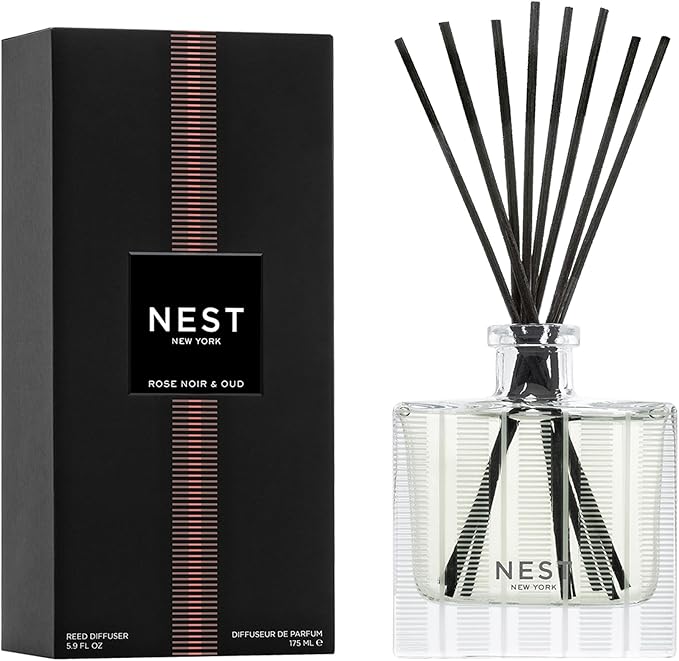 NEST New York Reed Diffuser, Rose Noir & Oud - 5.9 fl oz - Fragrance for Up to 90 Days - Reusable, Refillable Glass Holder - Includes 8 All-Natural Reed Sticks - Flame Free