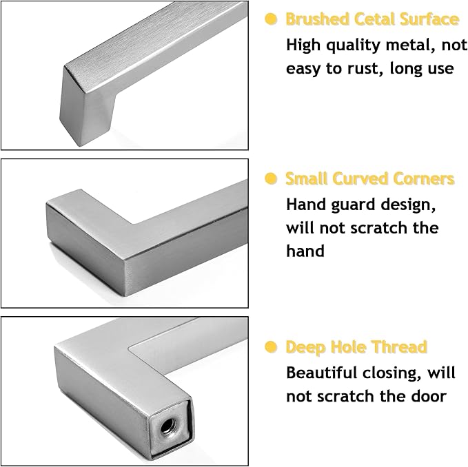 Cabinet Pulls Brushed Nickel Cabinet Handles Square Drawer Pulls, 40 Pack 3-3/4 Inch Stainless Steel Kitchen Door Cupboard Cabinet Handles, Cabinet Hardware Drawer Handles, 96mm Hole Centers