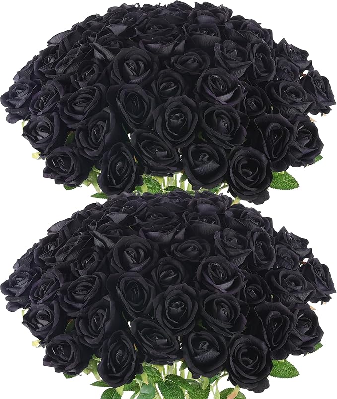 Hananona 50 Pcs Artificial Roses in Bulk, Fake Velvet Silk Roses Realistic Black Roses for Wedding Centerpieces Flower Arrangement Home Decor (50, Black)