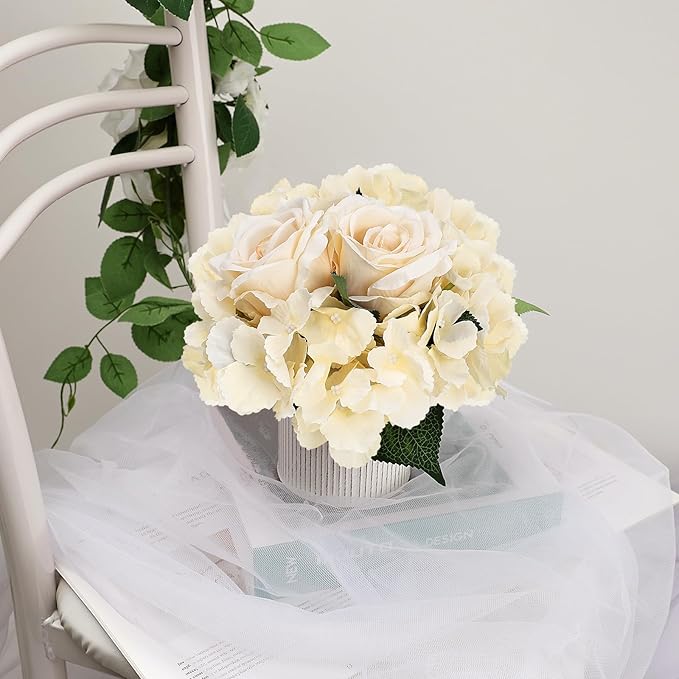 Flower Table Centerpieces - Set of 6 Floral Arrangement Artificial Wedding Hydrangeas Floral Arrangement with Rustic Metal Vase for Bridal Tea Party Event Decorations - Champagne