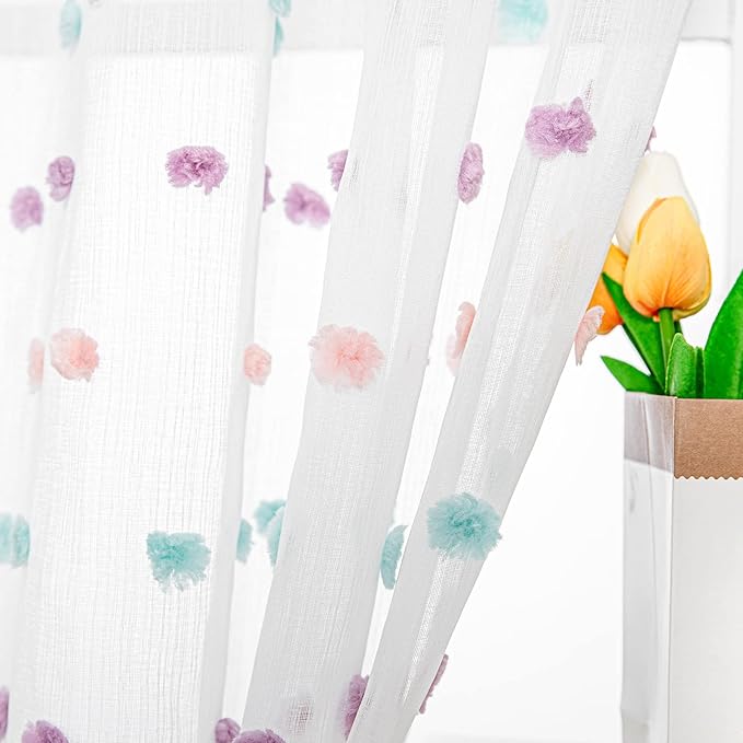 MYSKY HOME White Sheer Curtains for Living Room Sliding Door Windows Rainbow Pom Pom Bedroom Curtains 2 Panels Light Filtering 95 Inch Curtains Dining Room Parties Rod Pocket Farmhouse 52" x 95" inch