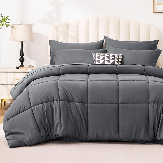 Love's cabin California King Comforter Set Soot Grey, 7 Pieces California King Bed in a Bag, All Season Bedding Sets with 1 Comforter, 1 Flat Sheet, 1 Fitted Sheet, 2 Pillowcase and 2 Pillow Sham