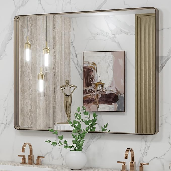 LOAAO 40”X30” Bronze Bathroom Mirrors for Vanity, Rounded Rectangle Brushed Bronze Metal Frame Mirror, Anti-Rust, Tempered Glass, Hangs Horizontally or Vertically