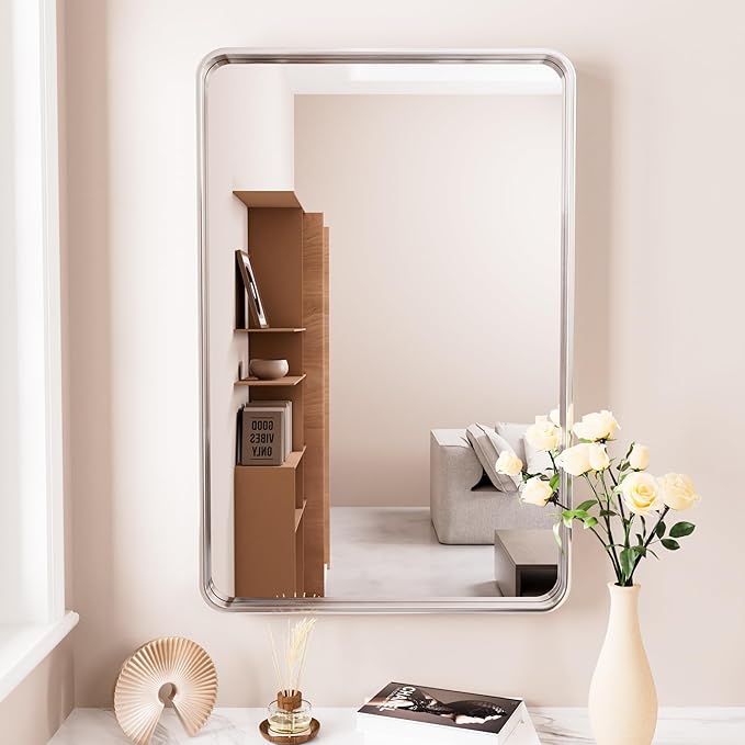 Brushed Nickel Bathroom Mirror, 22x30 Inch Thick Silver Metal Rectangle Frame Wall Mirror, Modern Round Corner Bathroom Vanity Mirror for Over Sink, Bedroom, Living Room, Entryway