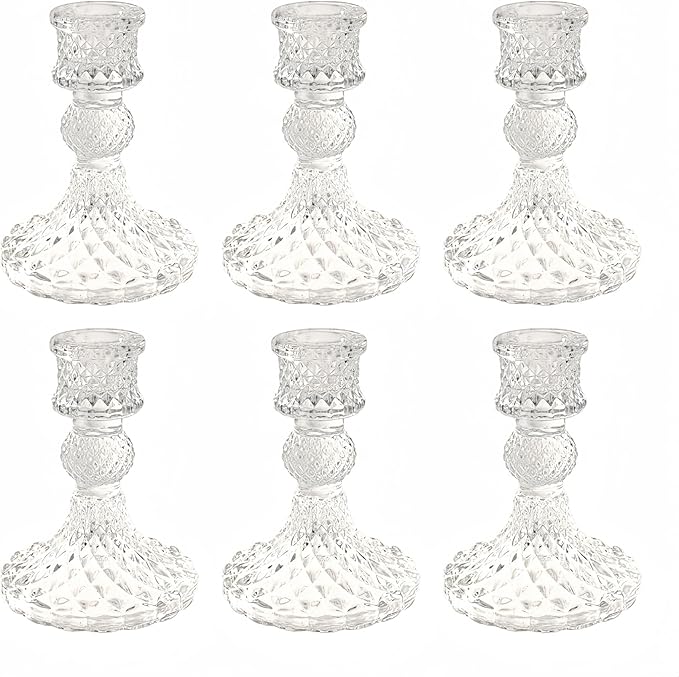 Glass Candlestick Holder,Striped Taper Candle Holders,Set of 6 Candle Stand for Table Centerpieces, Home Decor,Weddings,Festival and Parties (Clear Dimond Pattern)