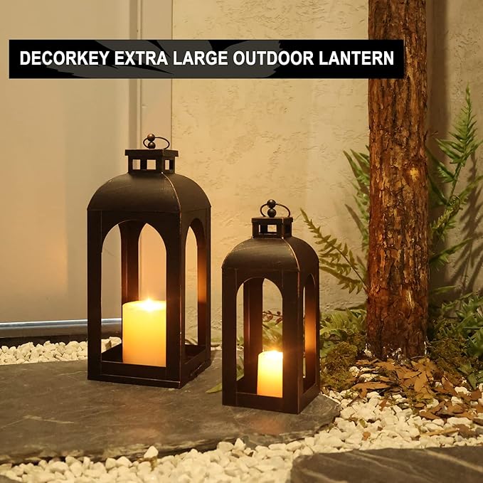 DECORKEY LED Lantern Decorative Outdoor&Indoor, Set of 2 (17’’&13’’) Black Metal Lanterns Decor, Vintage Hanging Candle Holder for Home Porch Wedding Halloween Christmas Decorations Battery Powered