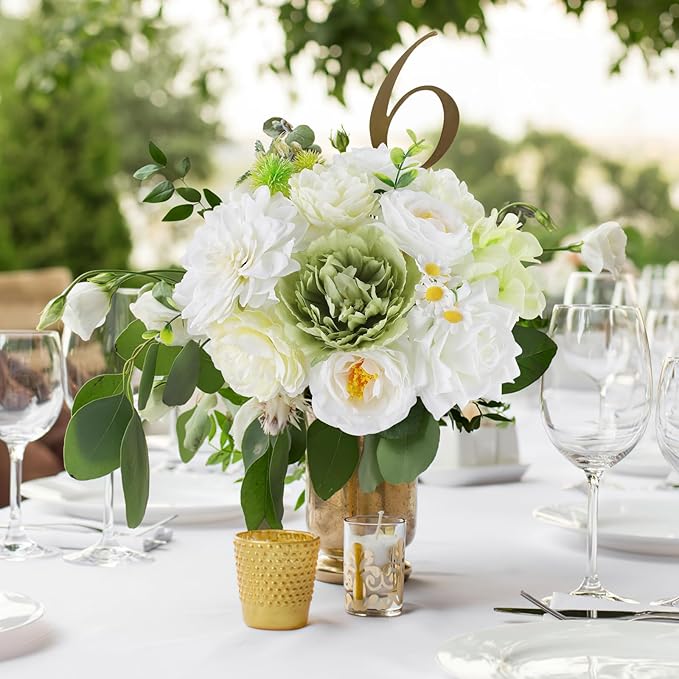 AmyHomie Green White Artificial Flowers Combo Silk Mix Peony Rose Fake Flowers w/Stem for DIY Wedding Bouquets Centerpieces Arrangements Table Fall Decor Party Bridal Baby Shower Home Decorations