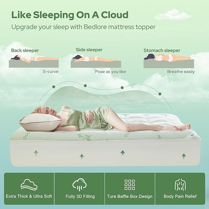 BEDLORE Twin XL Mattress Topper Viscose Derived from Bamboo, Thick Pillow Top Mattress Pad with Deep Pockets for 6-15 inches Mattress, Soft Mattress Topper College Dorm Size for Back Pain