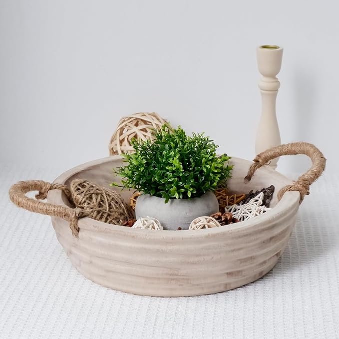 Wooden Decorative Bowls, 11.2 Inch Premium Round Serving Bowl with Rope Handles for Home Decor, Round Paulownia Wood Centerpiece Bowl for Coffee Table(Natural)