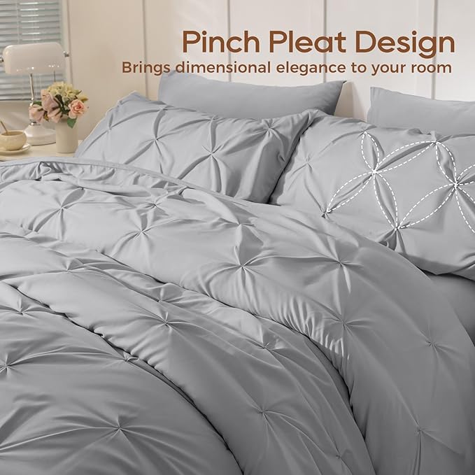 Sasttie Twin Comforter Set, 5-Piece Bed in a Bag, Pintuck Bedding Sets for All Season, Includes Comforter, Flat Sheet, Fitted Sheet, Pillowcase and Pillowsham, Light Grey
