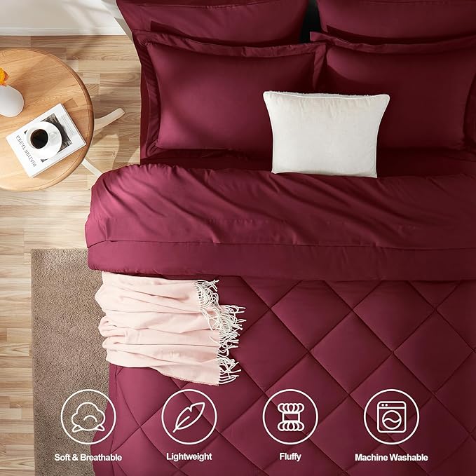 CozyLux Full Size Comforter Sets Burgundy - 7 Pieces Bed in a Bag Full, Luxury Soft Bed Set for All Seasons, Bedding Set with Down Alternative Comforter, Sheets, Pillowcases & Shams, Red