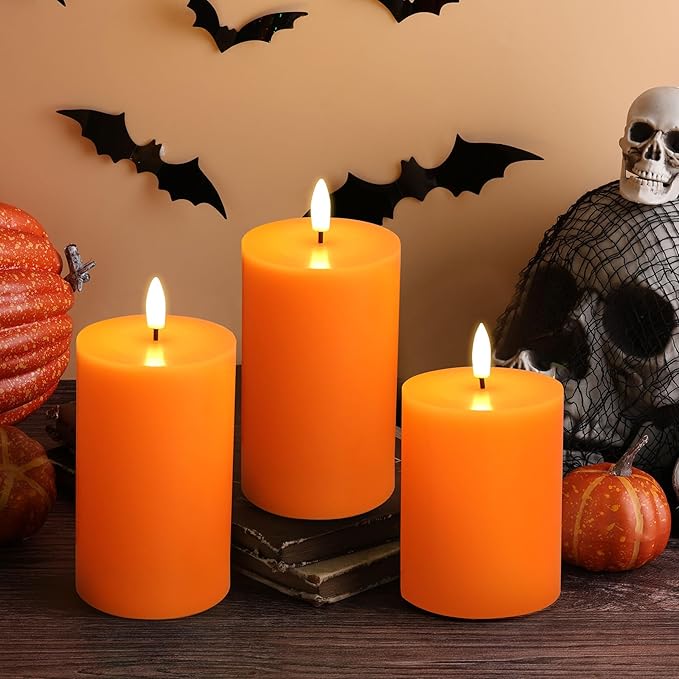 Eywamage Orange Halloween Flameless Pillar Candles with Remote, Real Wax Flickering Fall LED Candles Battery Operated Set of 3
