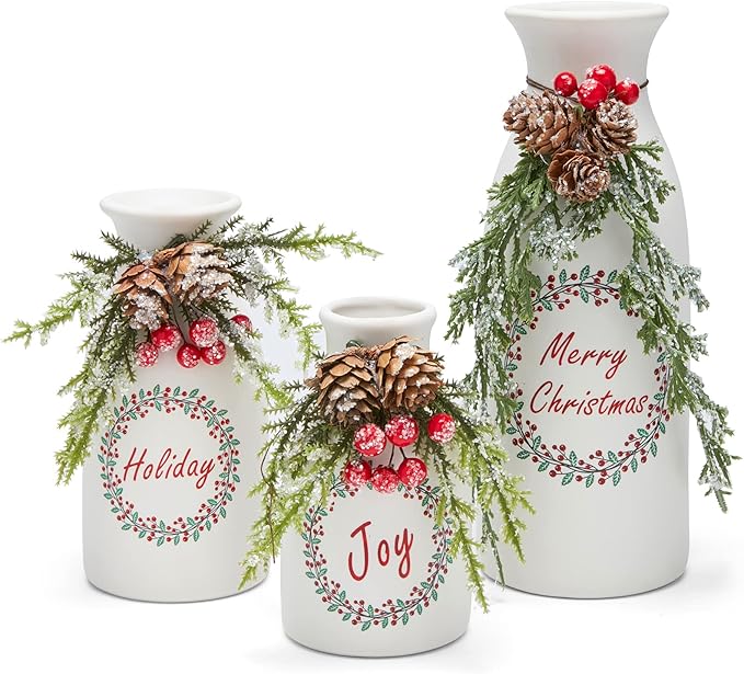 Artificial Christmas 3-Piece Set Flocked with Mixed Xmas Decorations Ceramic White Bottles