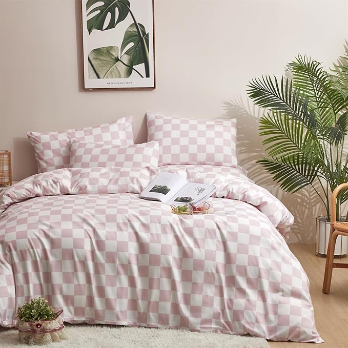 KAREVER Pink Grid Comforter Full Pink Plaid Bedding Set Girls Pink White Checkered Bed Comforter Set Breathable Blanket Set Kids Durable Bedding Comforter Set
