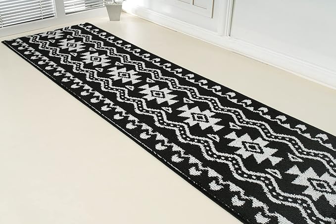 Custom Length Cut to Size Tribal Ethnic Southwestern Inspired Hallway Runner Rug, Non Slip Rubber Backed, 31 inch Wide X Customized Length, Aztec Black, 31 inch X 35 feet