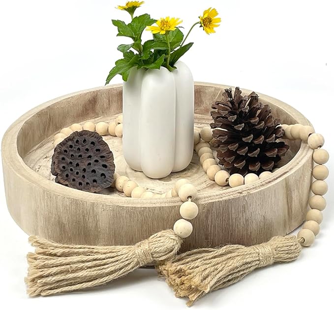 12.6" Wooden Round Hand-Carved Tray and A Wood Bead Tassel String Decorative Centerpiece Paulownia Real Wood Serving Trays Wedding Farmhouse Decoration,Natural