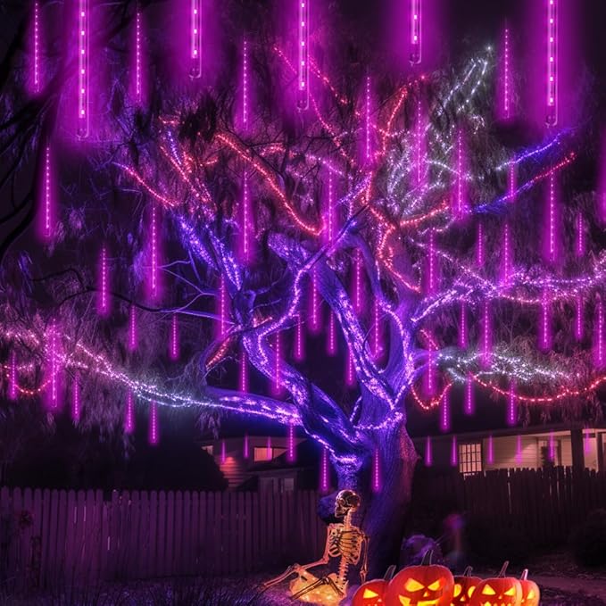 Aukora Purple Outdoor Halloween Lights, UL Plug, 11.8 inch, 8 Tubes, 192 LEDs, Meteor Shower & RainDrop Light, Series-connectable Christmas String Light Outside for Xmas, Tree, Thanksgiving Decoration