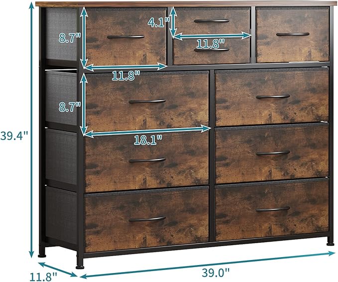LUMTOK 10-Drawer Dresser, Fabric Storage Dressers for Bedroom, Hallway, Nursery, Closets, Steel Frame, Wood Top, Easy Pull Handle (Rustic Brown)