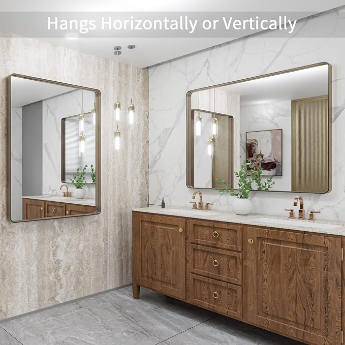 LOAAO 40”X36” Bronze Bathroom Mirrors for Vanity, Rounded Rectangle Brushed Bronze Metal Frame Mirror, Anti-Rust, Tempered Glass, Hangs Horizontally or Vertically