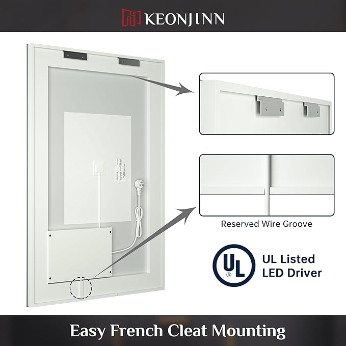Keonjinn LED Mirror for Bathoom 20 x 28 Inch, Bathroom Mirror with Front Lights, Shatter-Proof Tempered Glass, UL-Listed LED Driver, Anti-Fog, Dimmale 6000K, Easy Installation(Horizontal/Vertical)