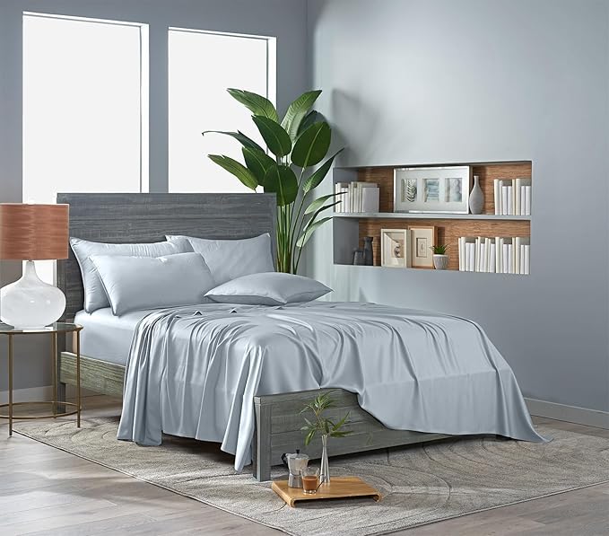 Pure Bamboo Queen Sheets, Genuine 100% Organic Viscose Derived from Bamboo Bed Sheet Set, Luxuriously Soft & Cooling, Double Stitching, Lifetime Quality Promise (Queen, Glacier)