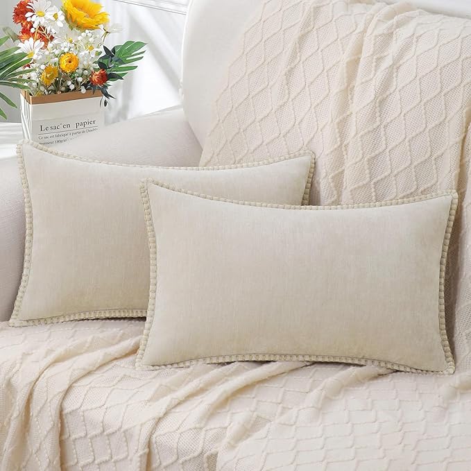 decorUhome Chenille Soft Throw Pillow Covers 12x20 Set of 2, Lumbar Velvet Farmhouse Neutral Decorative Euro Pillow Covers with Stitched Edge for Couch Sofa Bed Home Decor, Beige