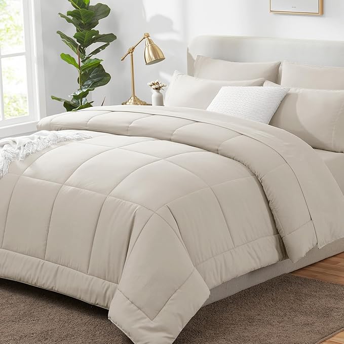 CozyLux Queen Comforter Set Beige, 7 Pieces Bed in a Bag, Beige Comforter Queen Size, All Season Bedding Sets with Stitch Quilted Comforter, Flat Sheet, Fitted Sheet, Pillowcases