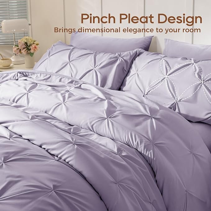 Sasttie Twin XL Comforter Set, 5-Piece Bed in a Bag, Pintuck Bedding Sets for All Season, Includes Comforter, Flat Sheet, Fitted Sheet, Pillowcase and Pillowsham, Lavender
