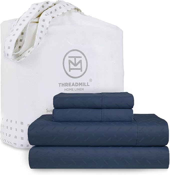 Threadmill Cotton Full Size Sheet Set | 100% Cotton Sheets for Full Size Bed | Damask Jacquard Full Bed Sheets Set with 16” Deep Pocket | Soft Sateen Weave 4-Piece Cooling Bedding Set | Folkstone Blue